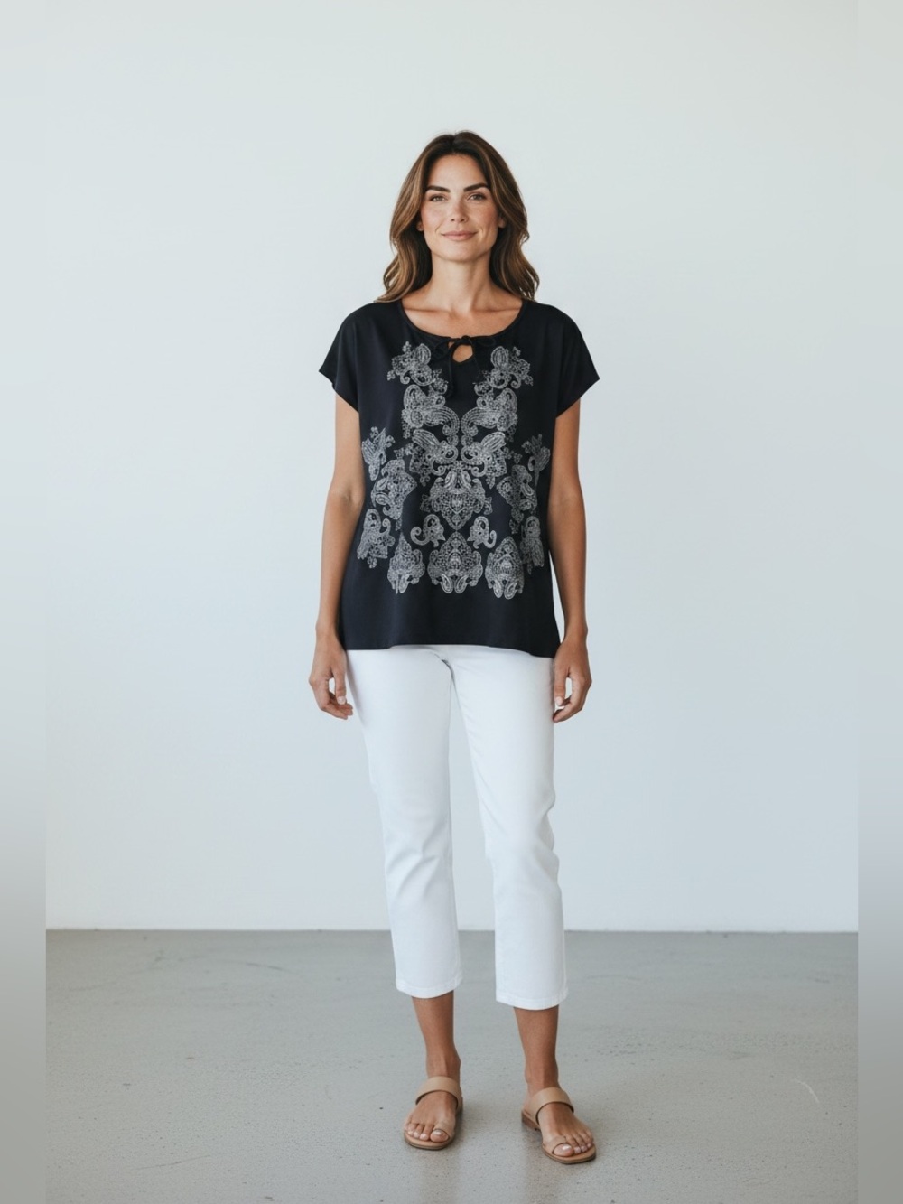 Classic Editions, Navy Paisley Top, Keyhole Tie Soft Stretch, Large